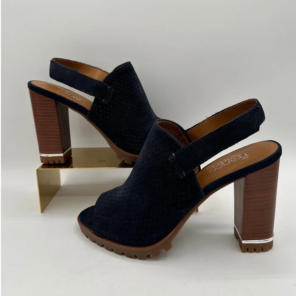 FRANCO SARTO Austin Navy Blue Suede Perforated Lug High Heel Slingback Sandals 7